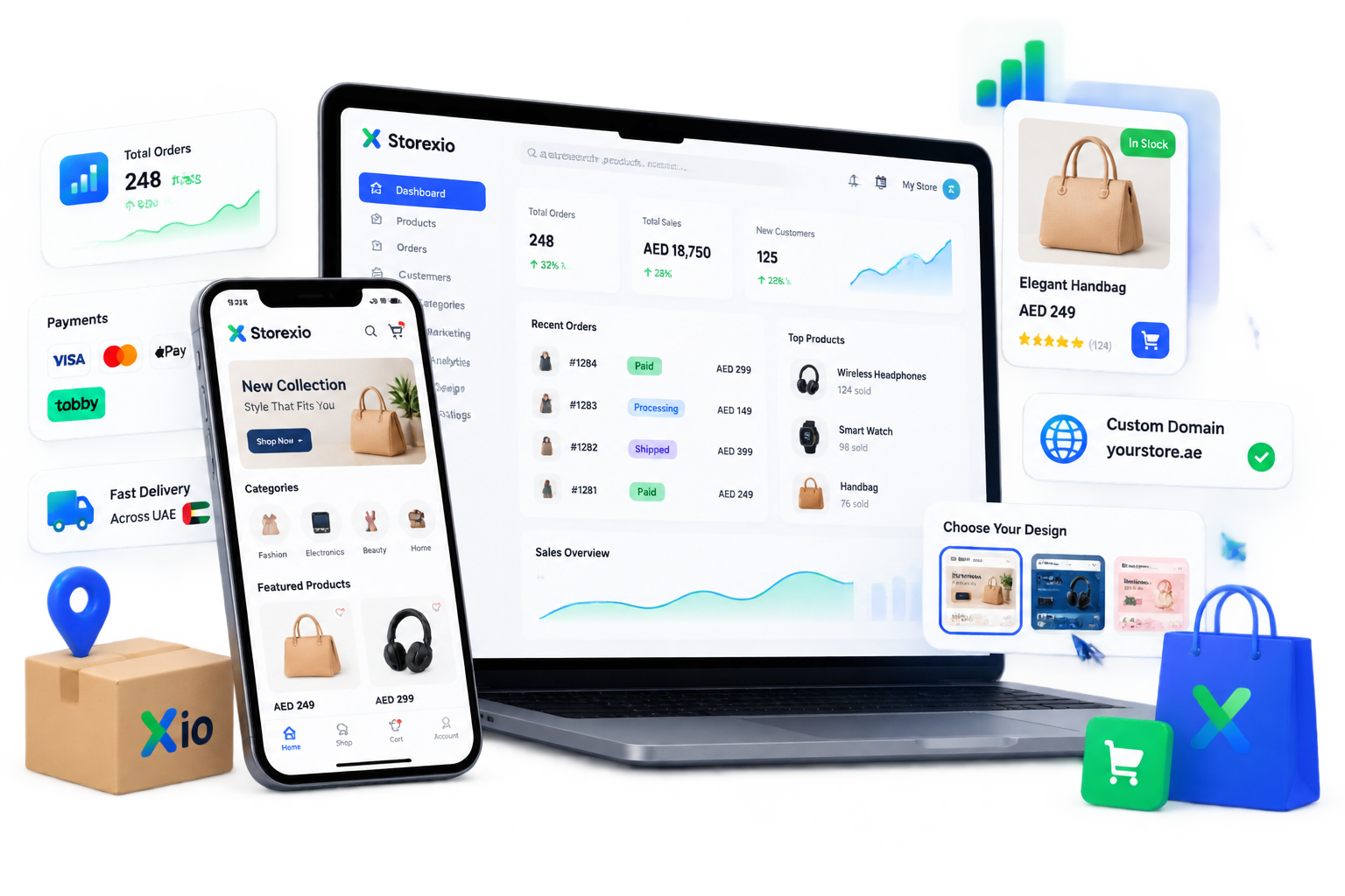Storexio control panel showing sales, orders, products, payments, delivery, custom domain, storefront design, and a mobile shop