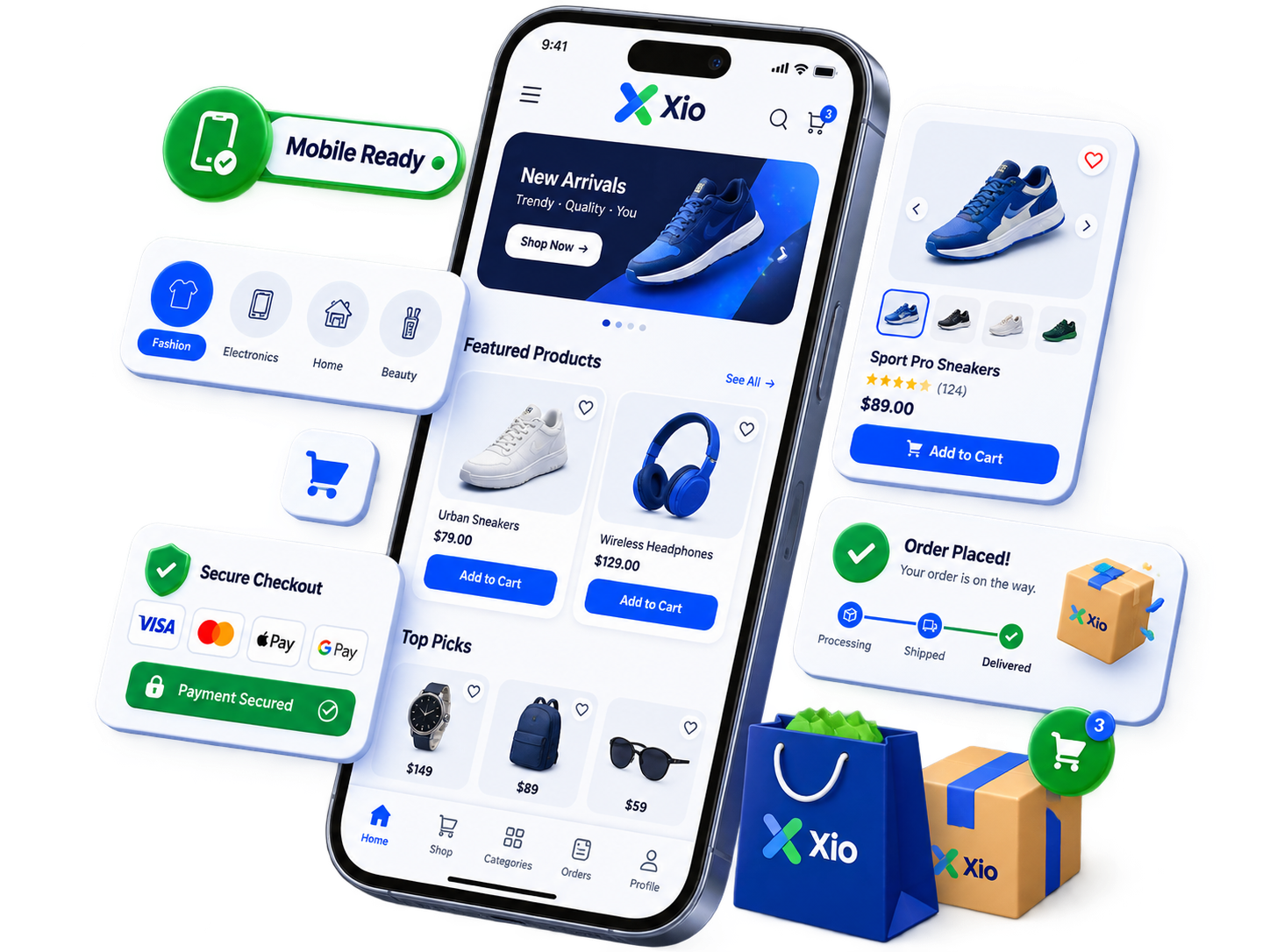 Storexio mobile storefront showing product browsing, secure checkout, and order tracking