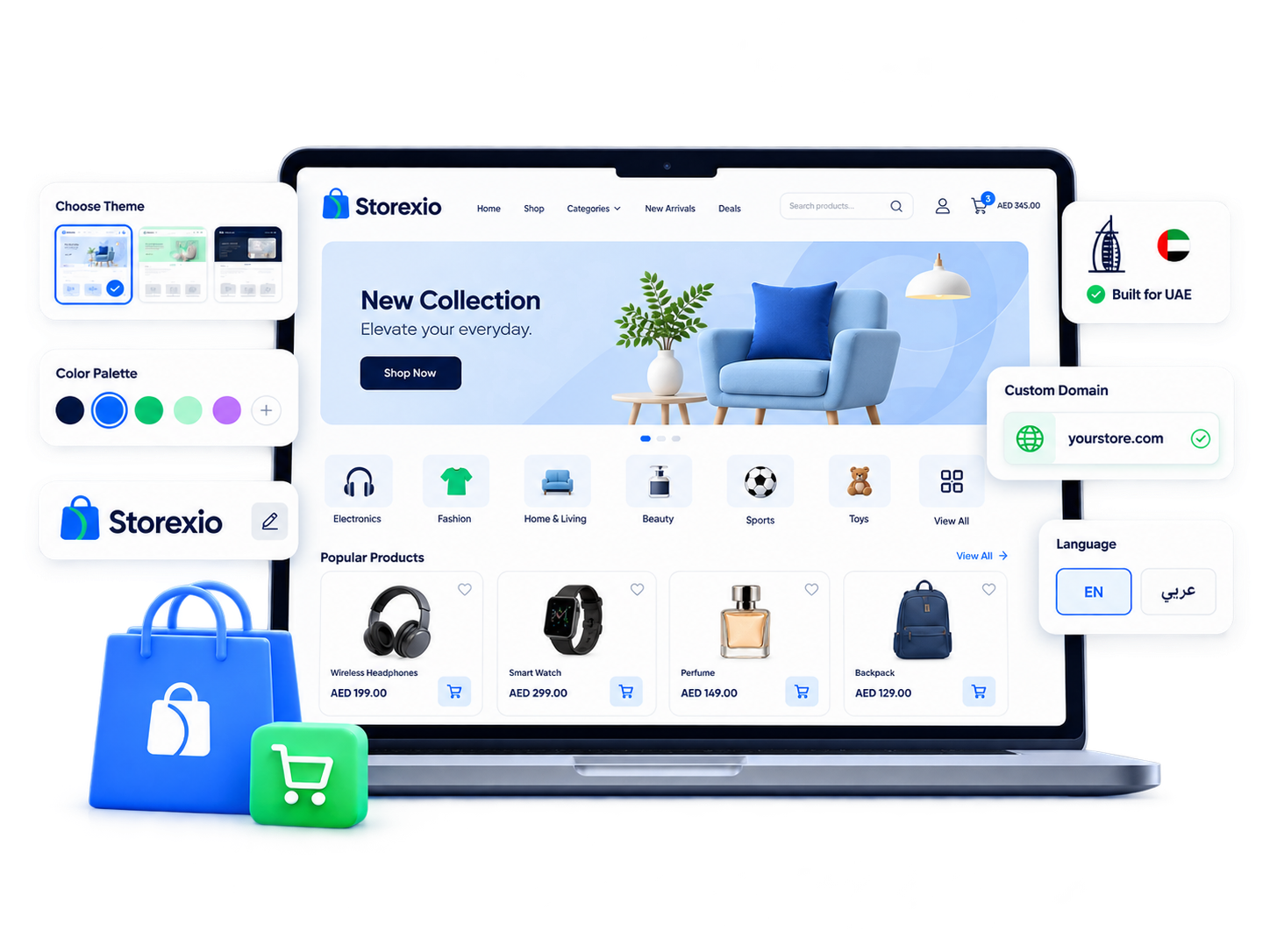 Storexio storefront design showing theme, color palette, custom domain, UAE support, and Arabic and English language options