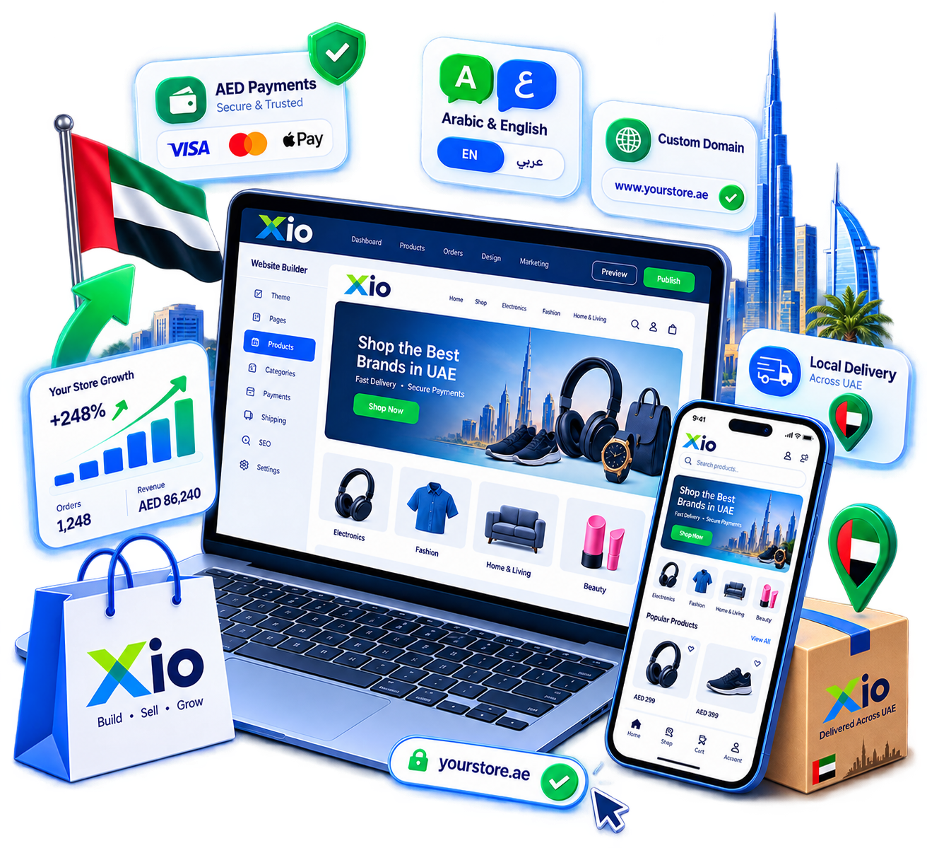 Storexio ecommerce website builder with UAE payments, Arabic and English support, a custom domain, local delivery, a desktop dashboard, and a mobile storefront